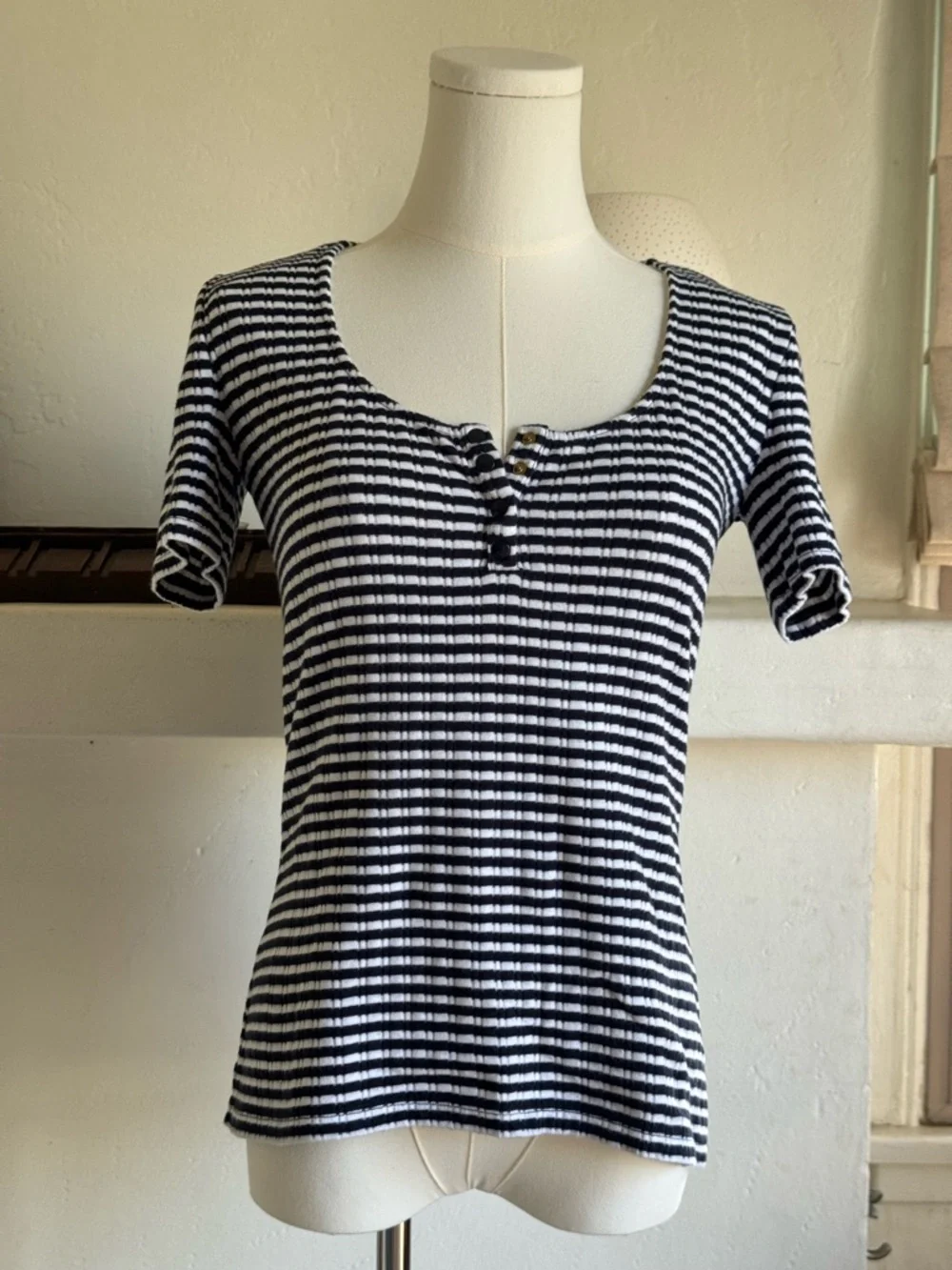 Sézane Striped Henley Tee Navy White Cotton Snap Front French Girl — Small - Picture 3 of 5